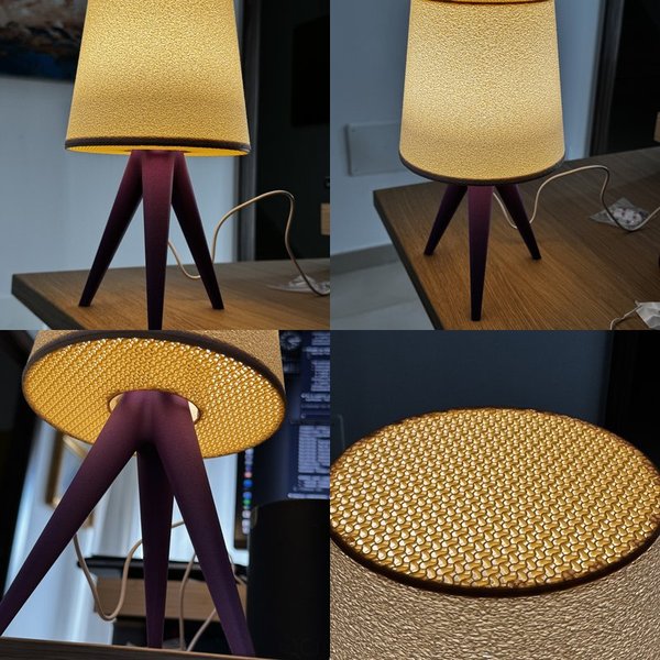 4 phone snapshots of a 3D printed lamp